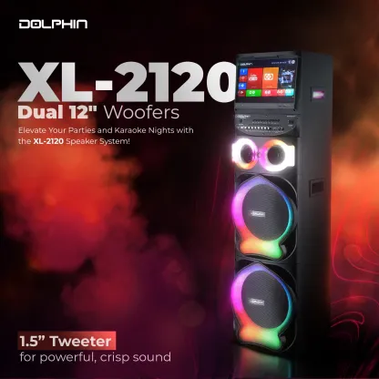 Altavoz para fiestas Karaokebox 2120 con doble woofer de 12", tableta Android de 15,4", aplicaciones vía WiFi y 2 micrófonos inalámbricos; altavoz inteligente portátil con asa.