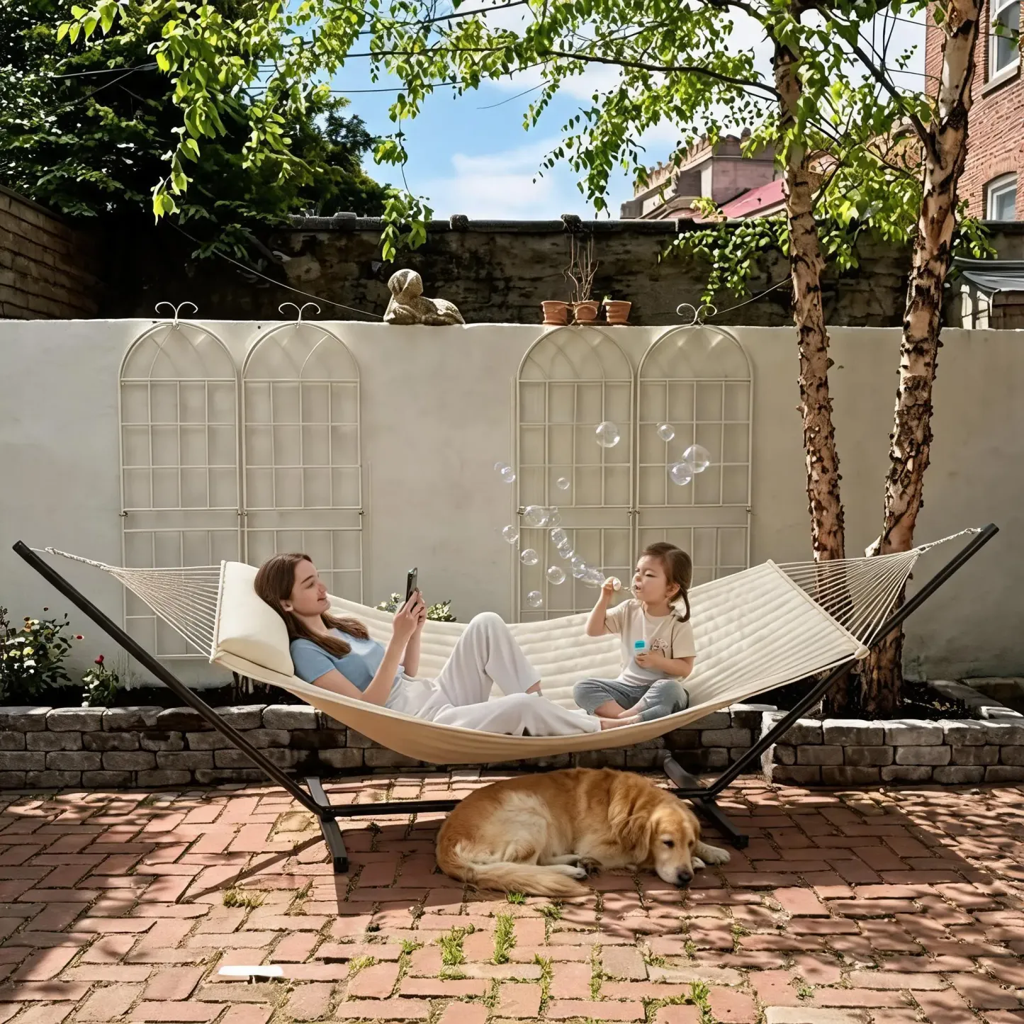 Hamaca doble con soporte incluido - Hamaca resistente de 215 kg para 2 personas con almohadilla y almohada de tela acolchada - Barra separadora de madera dura y soporte de acero portátil de 3,6 m para jardín, patio e interiores