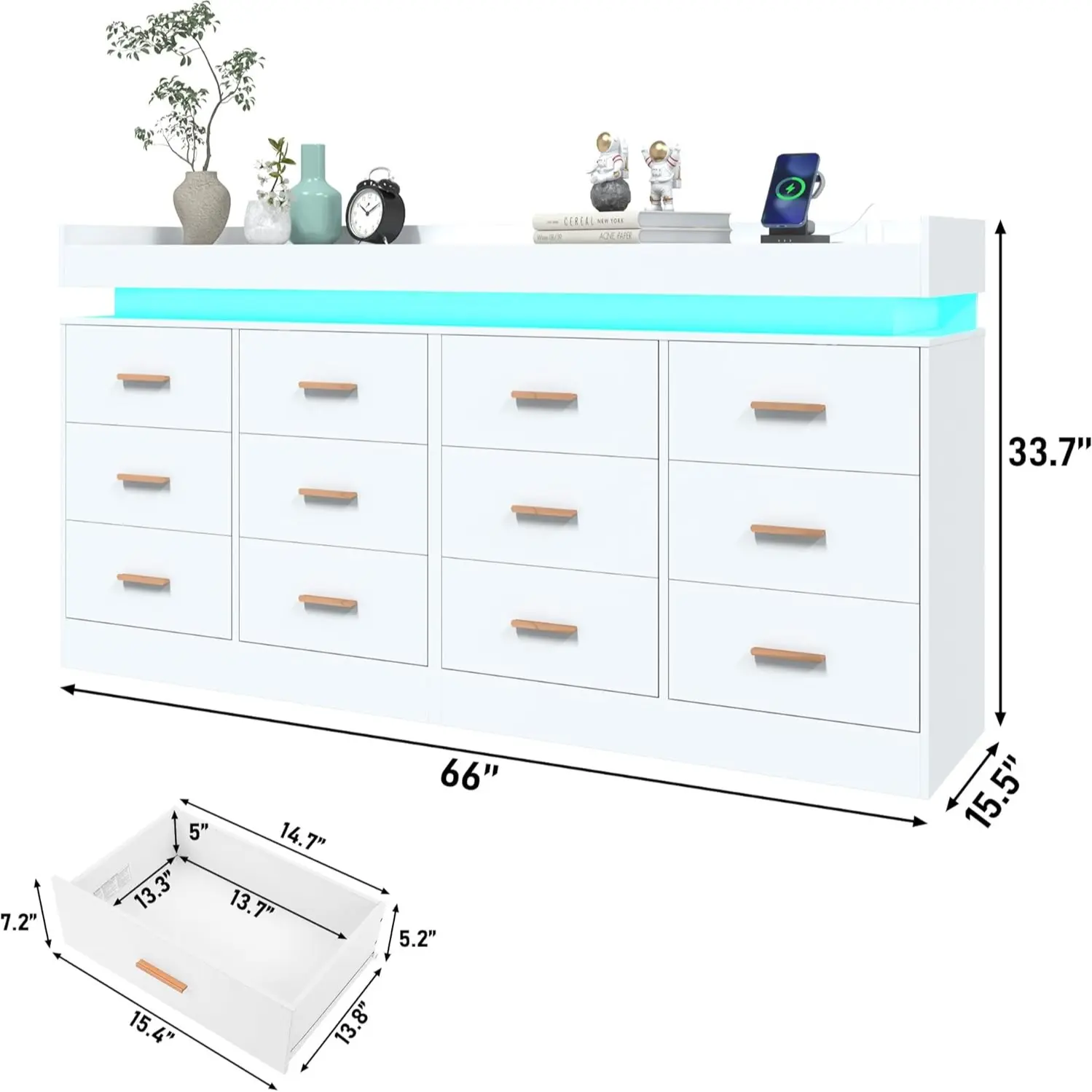 Cómoda con luz LED y estación de carga, cómoda moderna para armario, amplio mueble organizador de cajones para dormitorio, sala de estar, recibidor y pasillo.