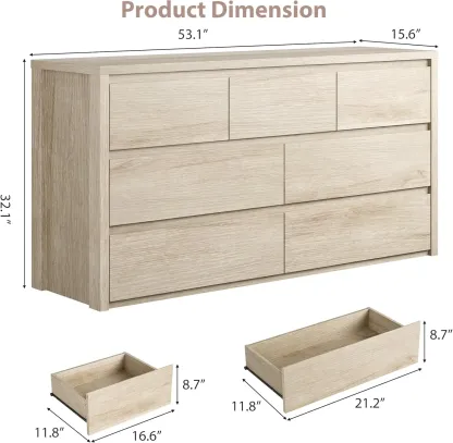 Cómoda de madera de 7 cajones para almacenamiento en el dormitorio