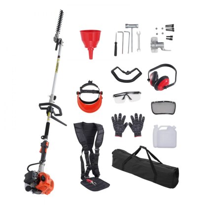 Herramienta multifuncional 6 en 1 con cortasetos de gasolina, desbrozadora, cortadora de césped, orilladora y motosierra de poda de largo alcance con correa para hombro