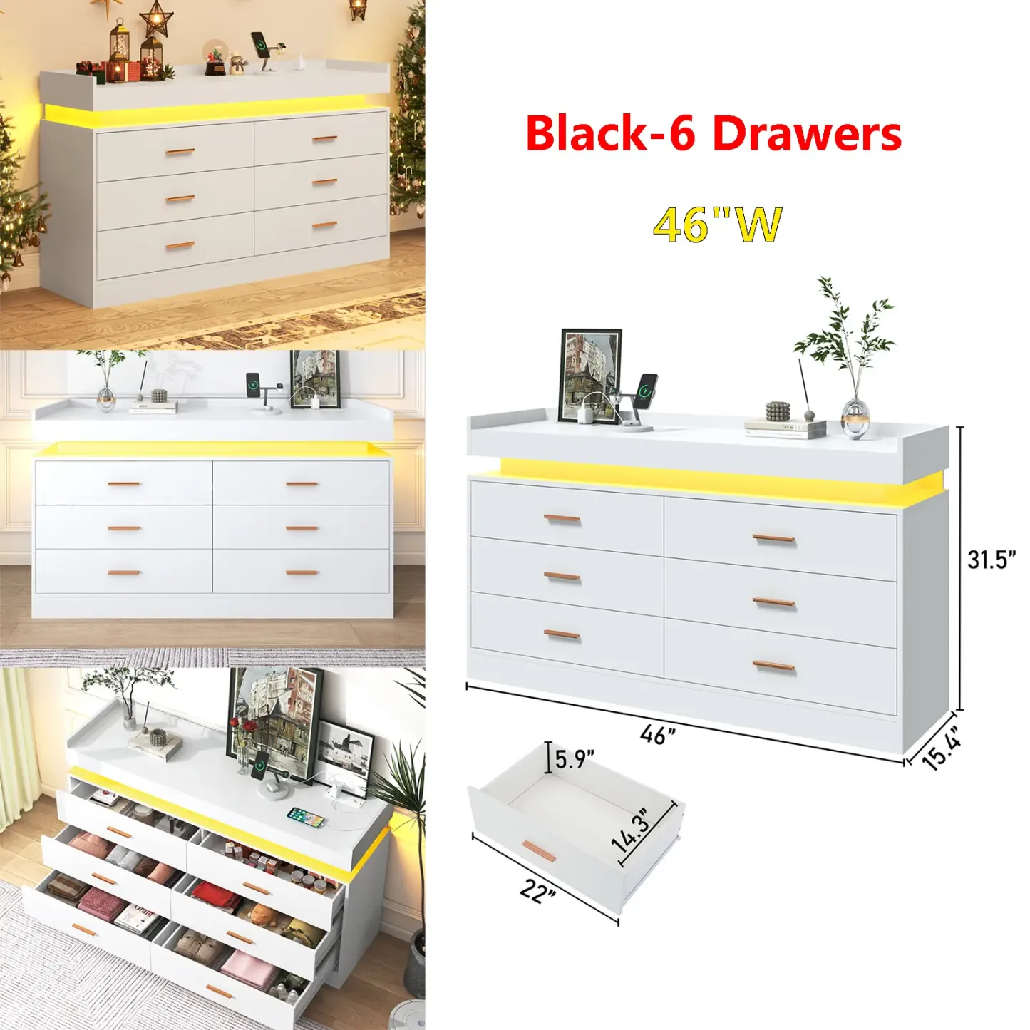 Cómoda con luz LED y estación de carga, cómoda moderna para armario, amplio mueble organizador de cajones para dormitorio, sala de estar, recibidor y pasillo.
