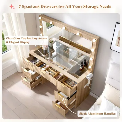 Tocador empotrado AMERLIFE de 36,2/47,2 pulgadas con espejo y luz LED ajustable, 4/7 cajones grandes, encimera de cristal y estación de carga, perfecto para mujeres y niñas.