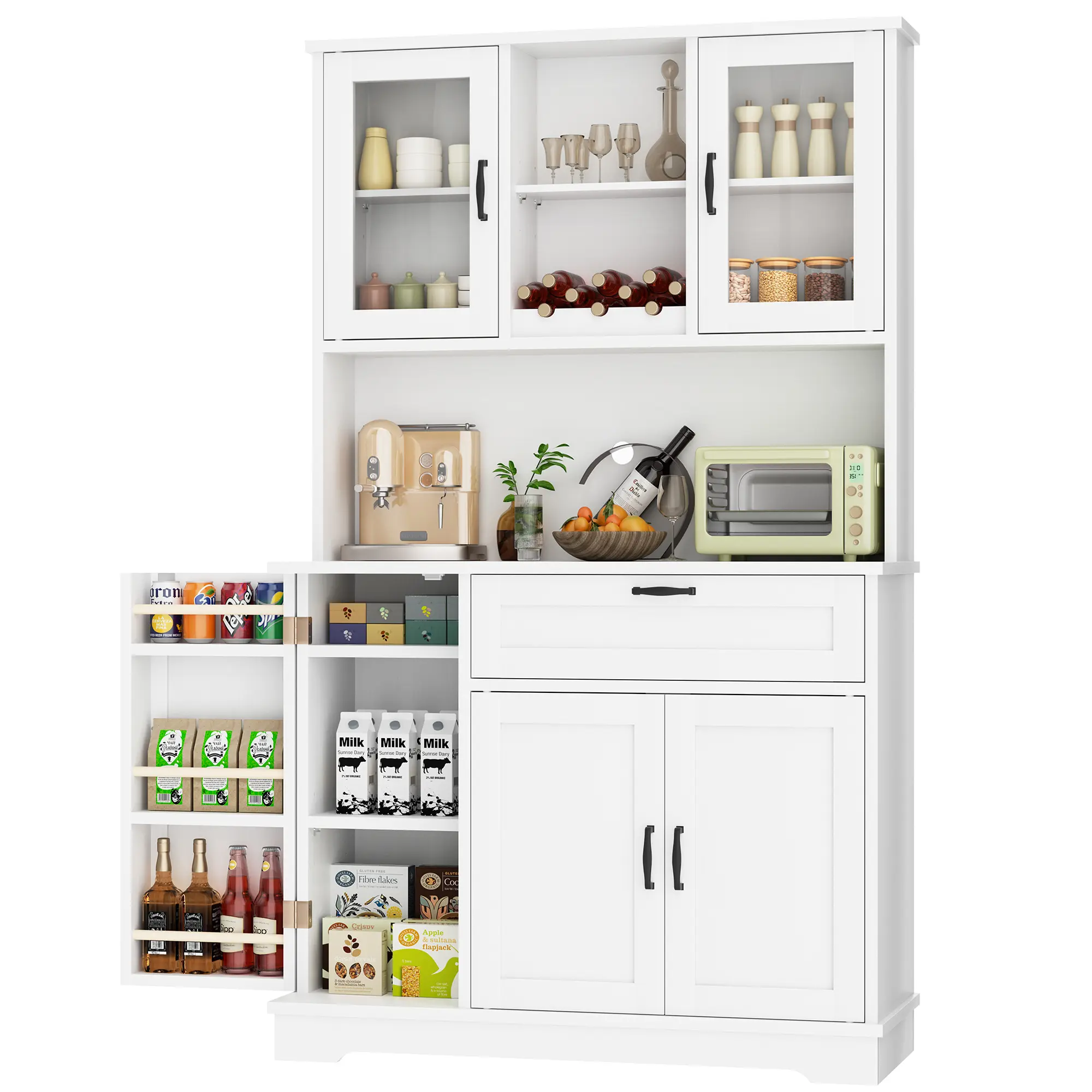 Armario de cocina Walsunny ajustable, aparador independiente con soporte para microondas, 4 puertas con estantes, estantes ajustables y botellero, color blanco.