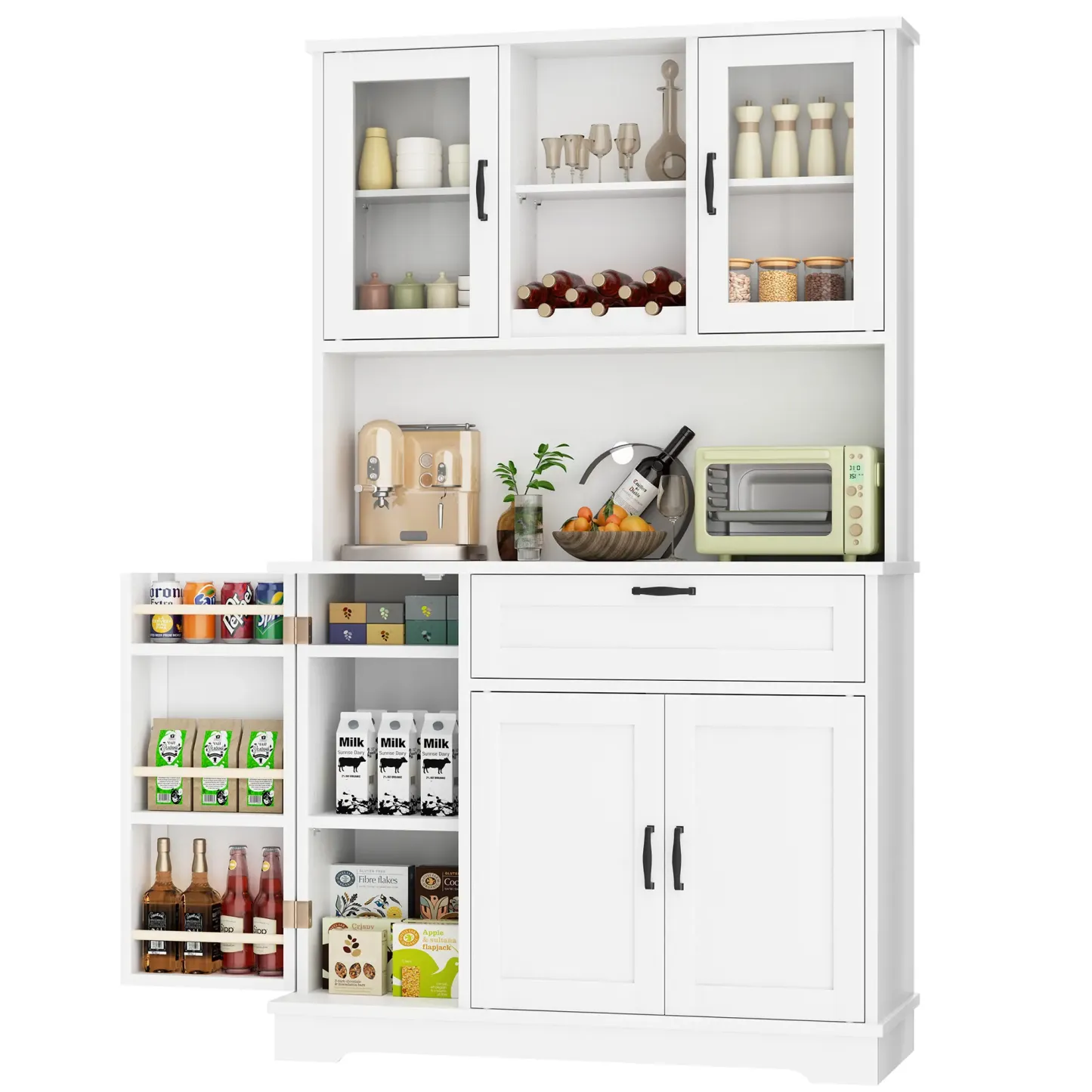 Armario de cocina Walsunny ajustable, aparador independiente con soporte para microondas, 4 puertas con estantes, estantes ajustables y botellero, color blanco.