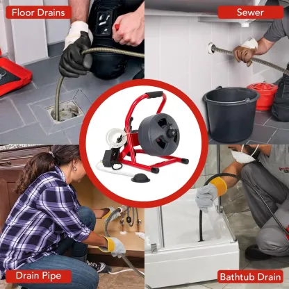Máquina desatascadora eléctrica GARVEE de 15,2 m x 8 mm - Desatascador de tuberías, mango ergonómico, motor de 2,1 A, 0-380 rpm, uso intensivo para tuberías de 19 mm a 76 mm, uso exterior, limpieza de tuberías.
