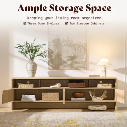 El mueble para TV moderno AMERLIFE de 70 pulgadas (compatible con televisores de hasta 80 pulgadas), fabricado en madera, presenta un diseño curvo e incluye dos armarios de almacenamiento, ideal como centro de entretenimiento multimedia para la sala de es
