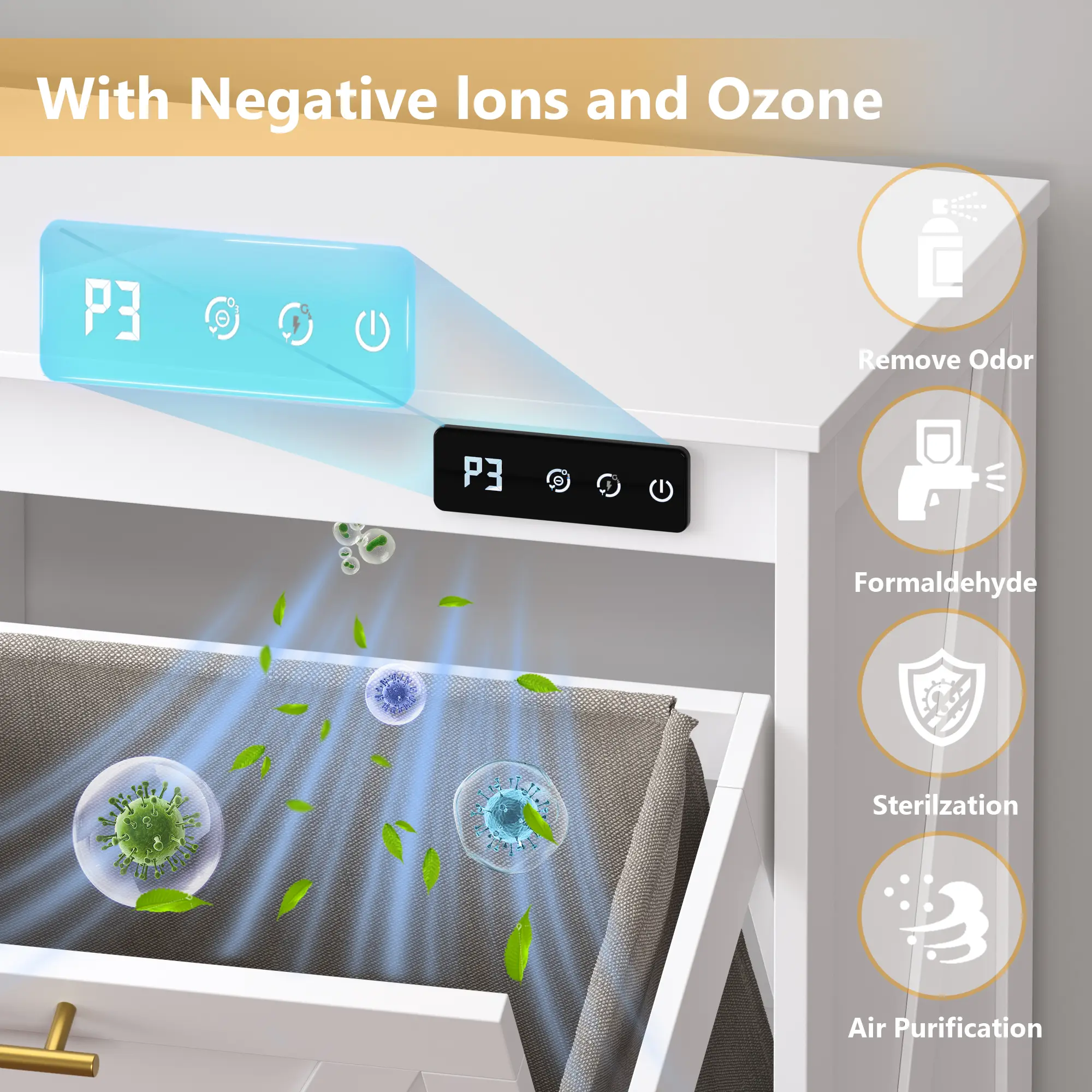 Armario basculante para 2 contenedores de basura, compartimento oculto para reciclaje, armario doble de madera para lavandería con control de olores, iones negativos y ozono, para cocina, baño, lavadero, artículos esenciales para dormitorios, decoración d