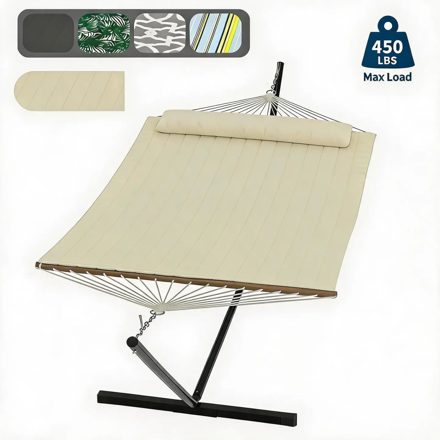 Hamaca doble con soporte incluido - Hamaca resistente de 215 kg para 2 personas con almohadilla y almohada de tela acolchada - Barra separadora de madera dura y soporte de acero portátil de 3,6 m para jardín, patio e interiores