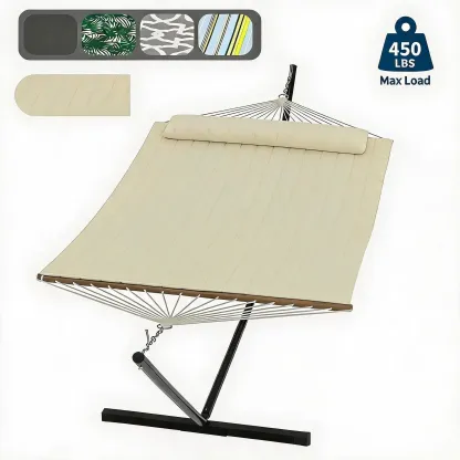 Hamaca doble con soporte incluido - Hamaca resistente de 215 kg para 2 personas con almohadilla y almohada de tela acolchada - Barra separadora de madera dura y soporte de acero portátil de 3,6 m para jardín, patio e interiores