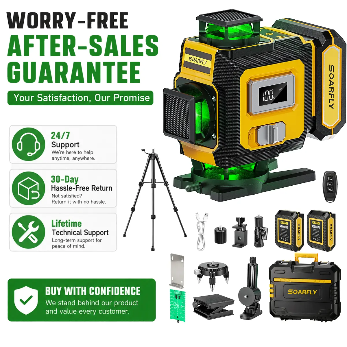Nivel láser SOARFLY X16 con trípode, láser autonivelante de 4 x 360°, láser verde 4D de 16 líneas, herramienta de líneas cruzadas con 2 baterías para azulejos, colgar cuadros y reformas del hogar.