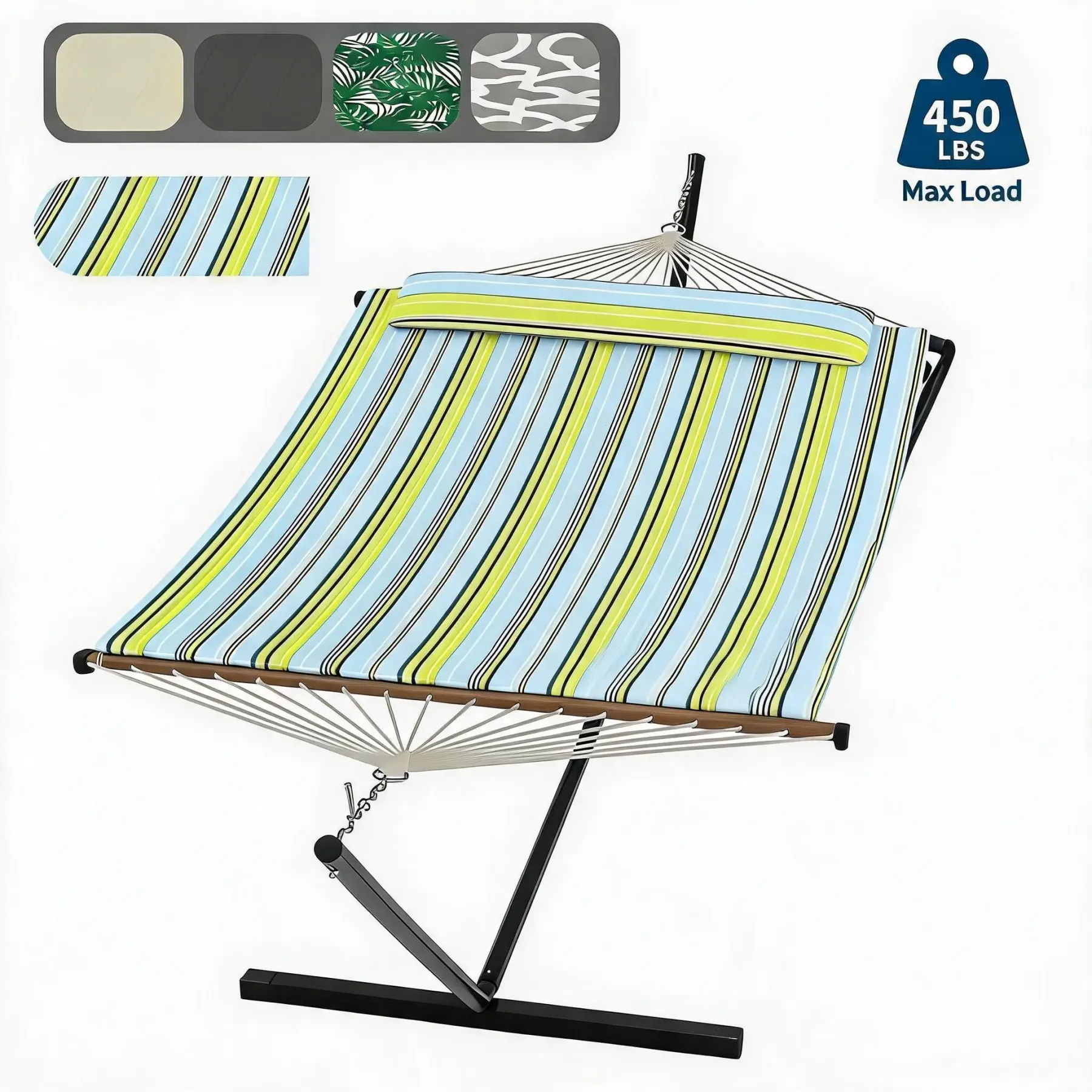 Hamaca doble con soporte incluido - Hamaca resistente de 215 kg para 2 personas con almohadilla y almohada de tela acolchada - Barra separadora de madera dura y soporte de acero portátil de 3,6 m para jardín, patio e interiores