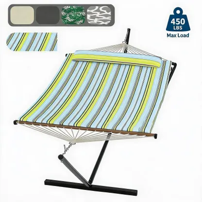 Hamaca doble con soporte incluido - Hamaca resistente de 215 kg para 2 personas con almohadilla y almohada de tela acolchada - Barra separadora de madera dura y soporte de acero portátil de 3,6 m para jardín, patio e interiores