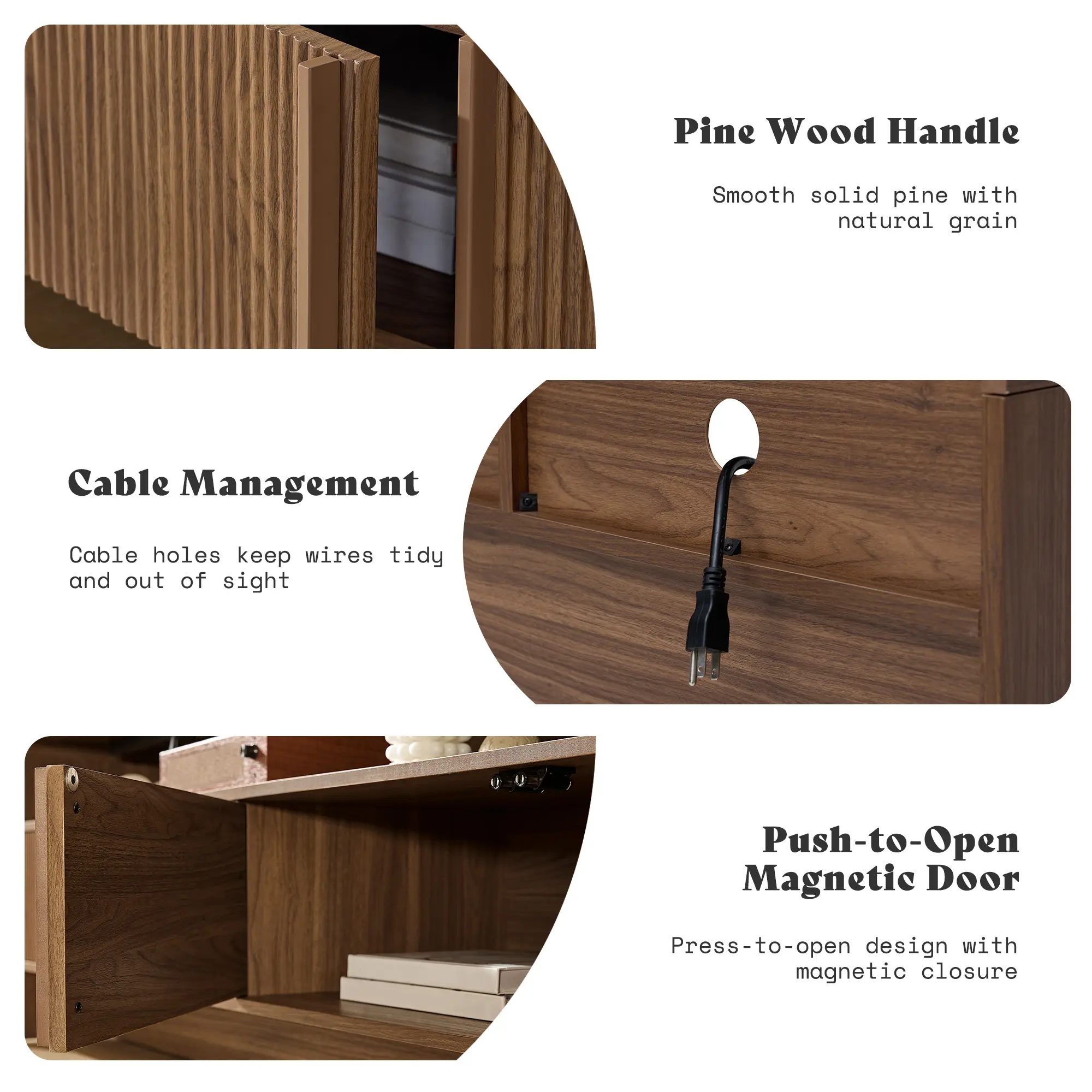 El mueble para TV moderno AMERLIFE de 70 pulgadas (compatible con televisores de hasta 80 pulgadas), fabricado en madera, presenta un diseño curvo e incluye dos armarios de almacenamiento, ideal como centro de entretenimiento multimedia para la sala de es
