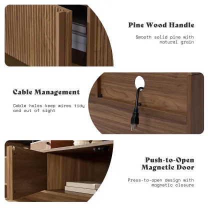 El mueble para TV moderno AMERLIFE de 70 pulgadas (compatible con televisores de hasta 80 pulgadas), fabricado en madera, presenta un diseño curvo e incluye dos armarios de almacenamiento, ideal como centro de entretenimiento multimedia para la sala de es
