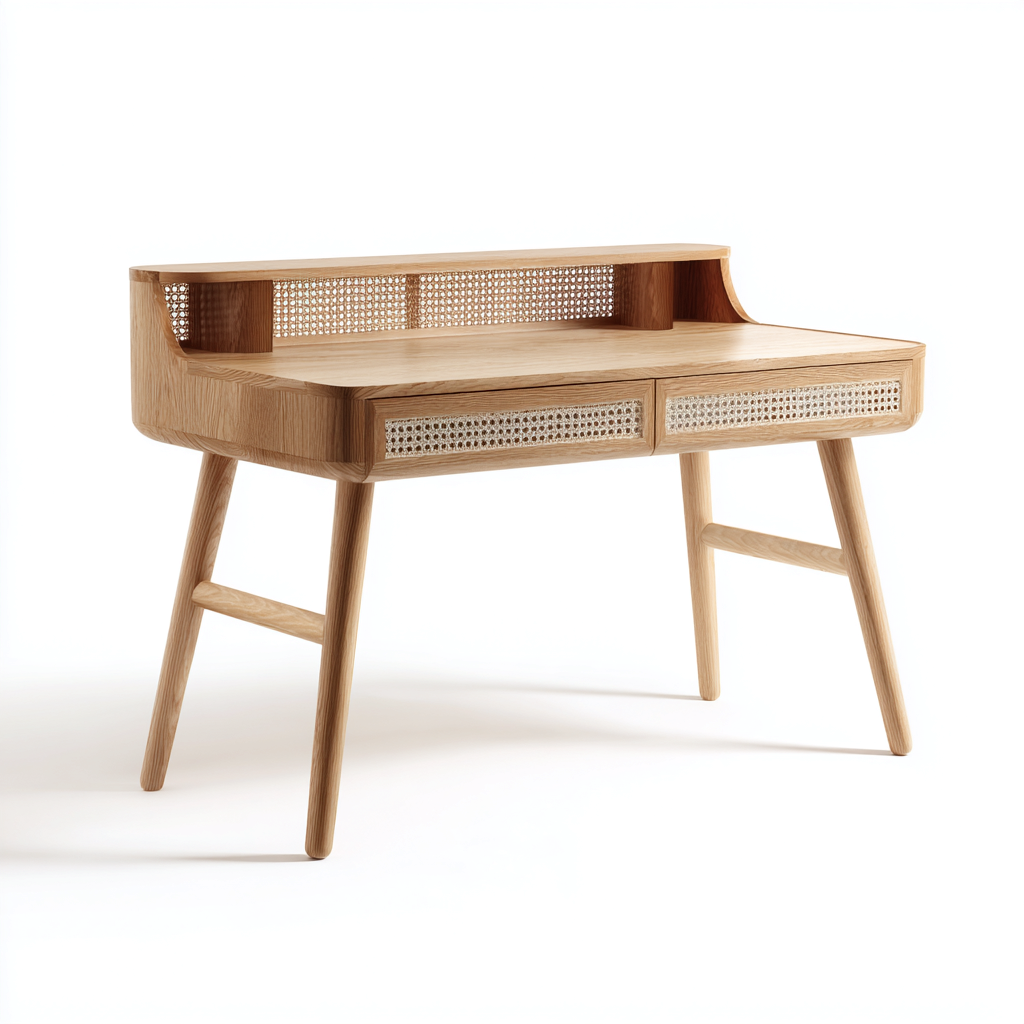 Scrivania-legno-rattan-120x55x88 cm-rovere chiaro-design naturale-Javexdadecor
