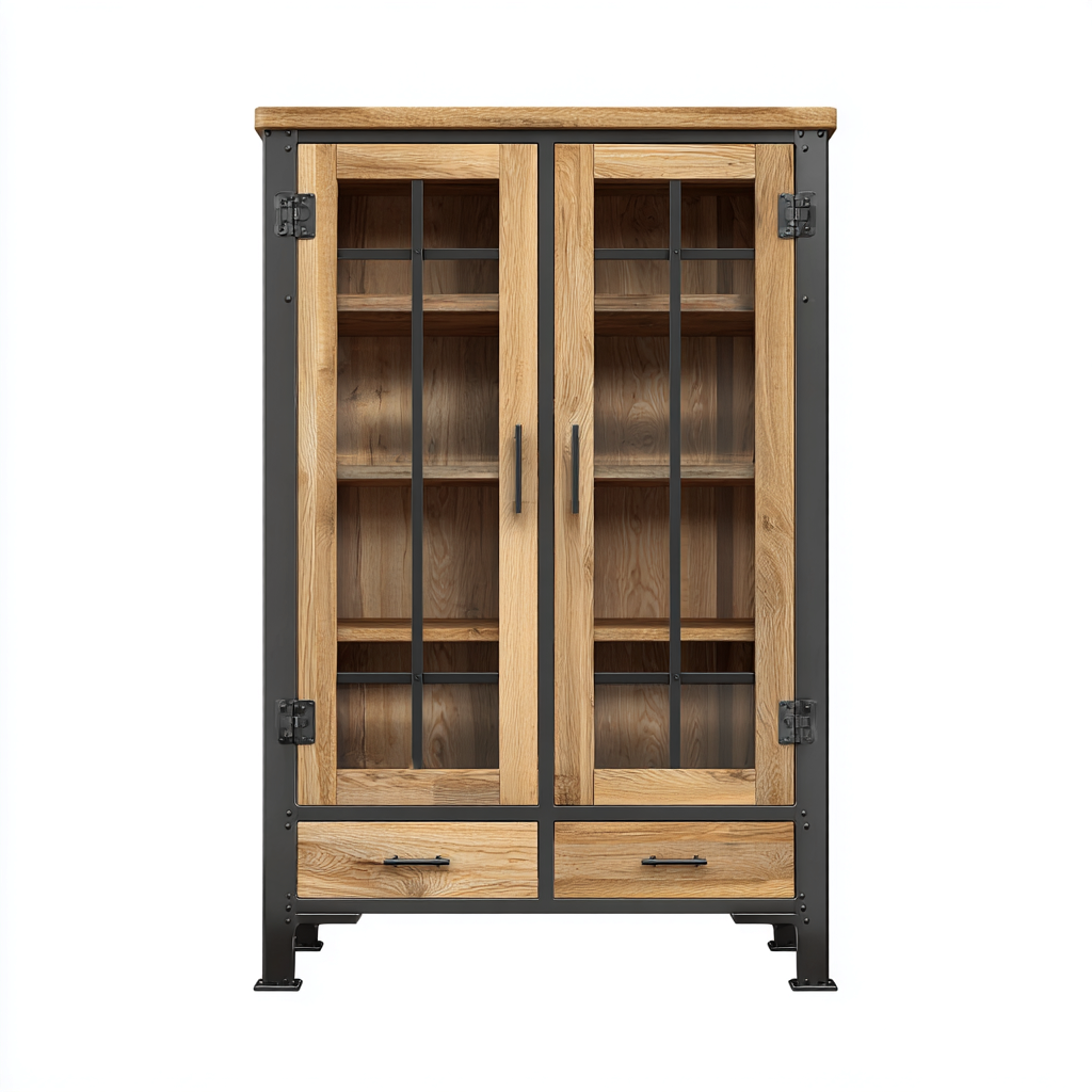 Vetrina-legno-metallo-vetro-118x42x168 cm-rovere-nero-stile industriale-Javexdadecor