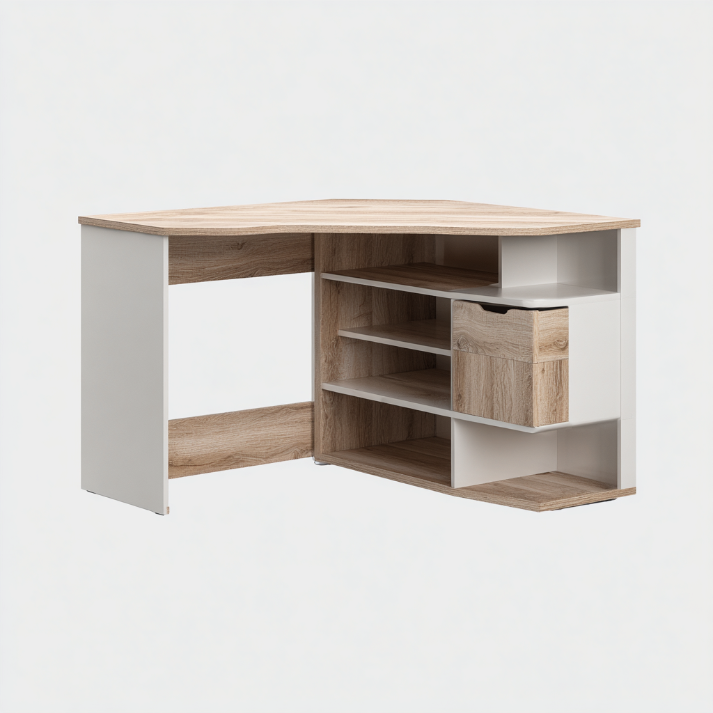 Scrivania-legno-140x110x76 cm-bianco-rovere-design angolare moderno-Javexdadecor