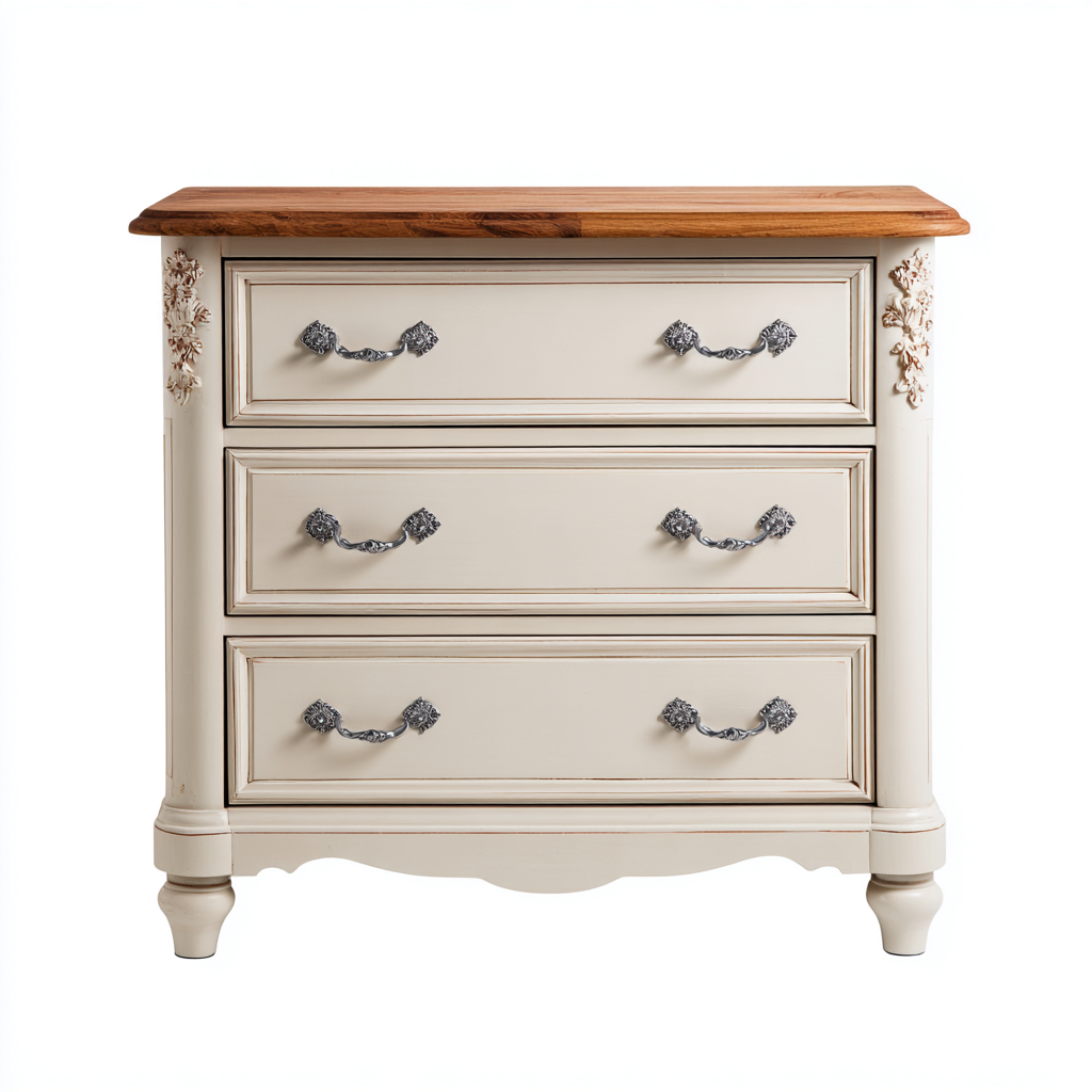 Cassettiera - Legno-Metallo - 96x43x88 cm - Crema-Naturale-Argento - Classico francese-Javexdadecor