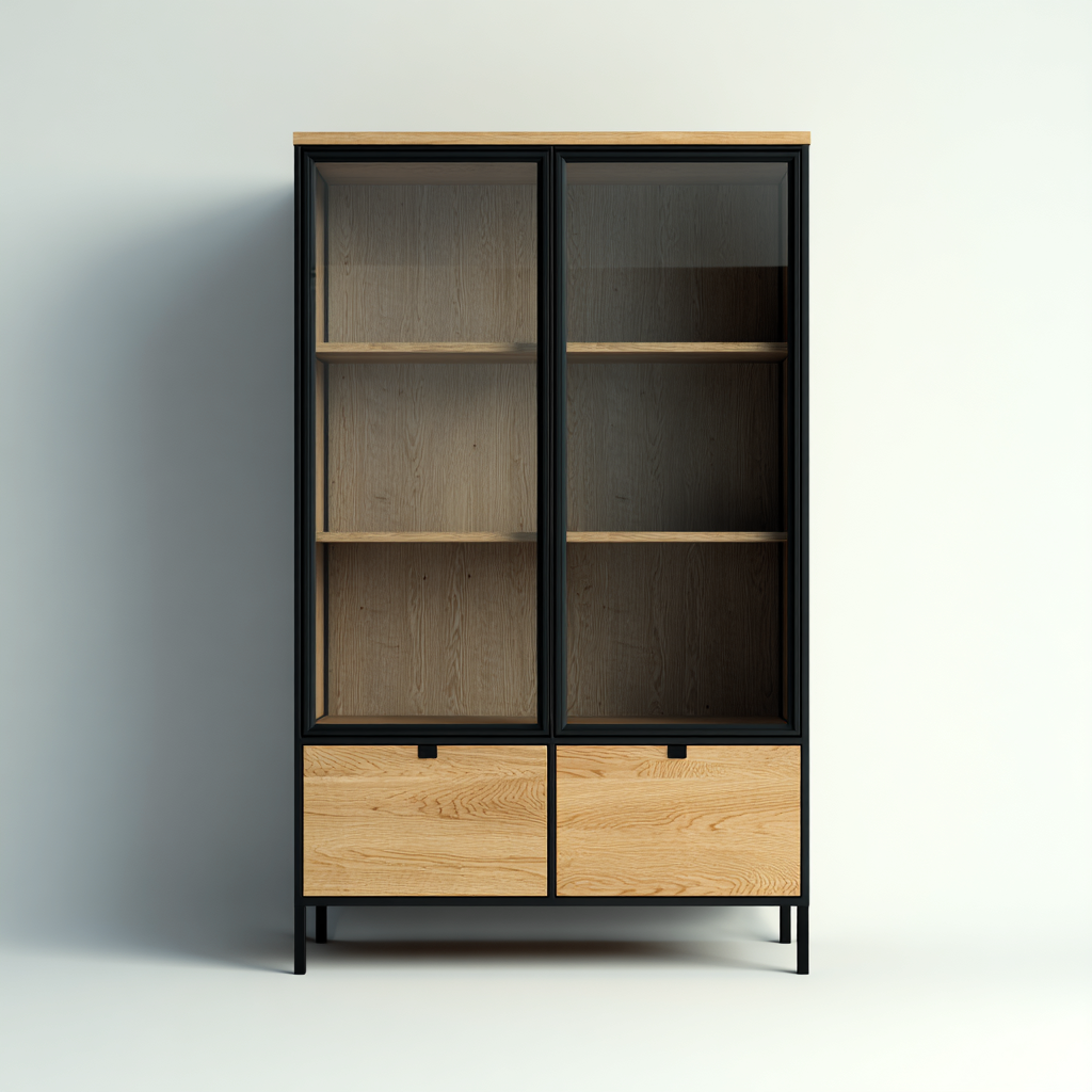 Vetrina-legno-metallo-vetro-100x40x170 cm-rovere-nero-design moderno industriale-Javexdadecor
