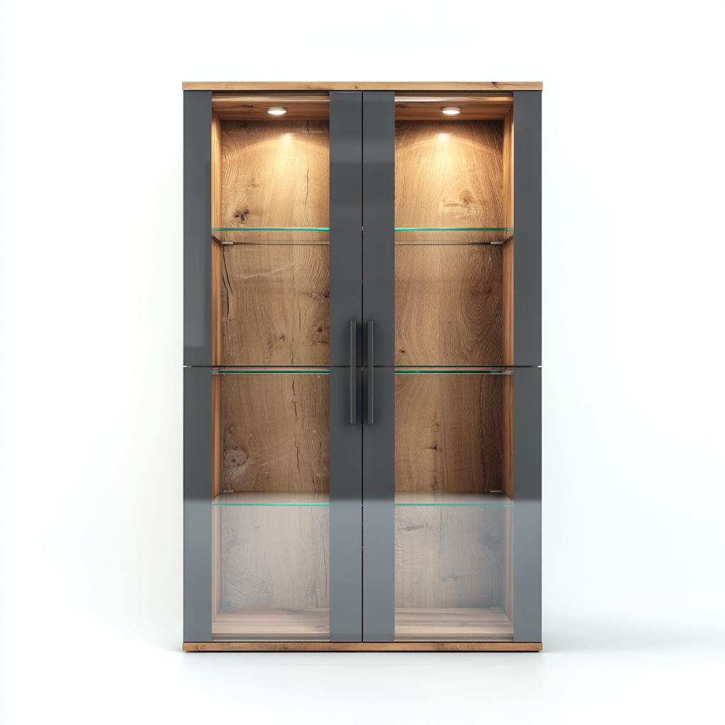 Vetrina-legno-vetro-100x42x190 cm-grigio-rovere-design moderno con illuminazione-Javexdadecor