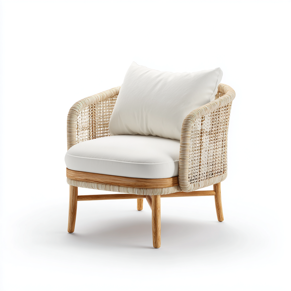 Poltrona da giardino - Rattan-Tessuto-Legno - 83x80x78 cm - Bianco-Beige-Marrone - Design naturale-Javexdadecor