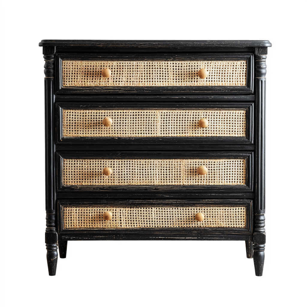 Cassettiera - Legno-Rattan - 92x42x86 cm - Nero-Naturale - Vintage-Javexdadecor
