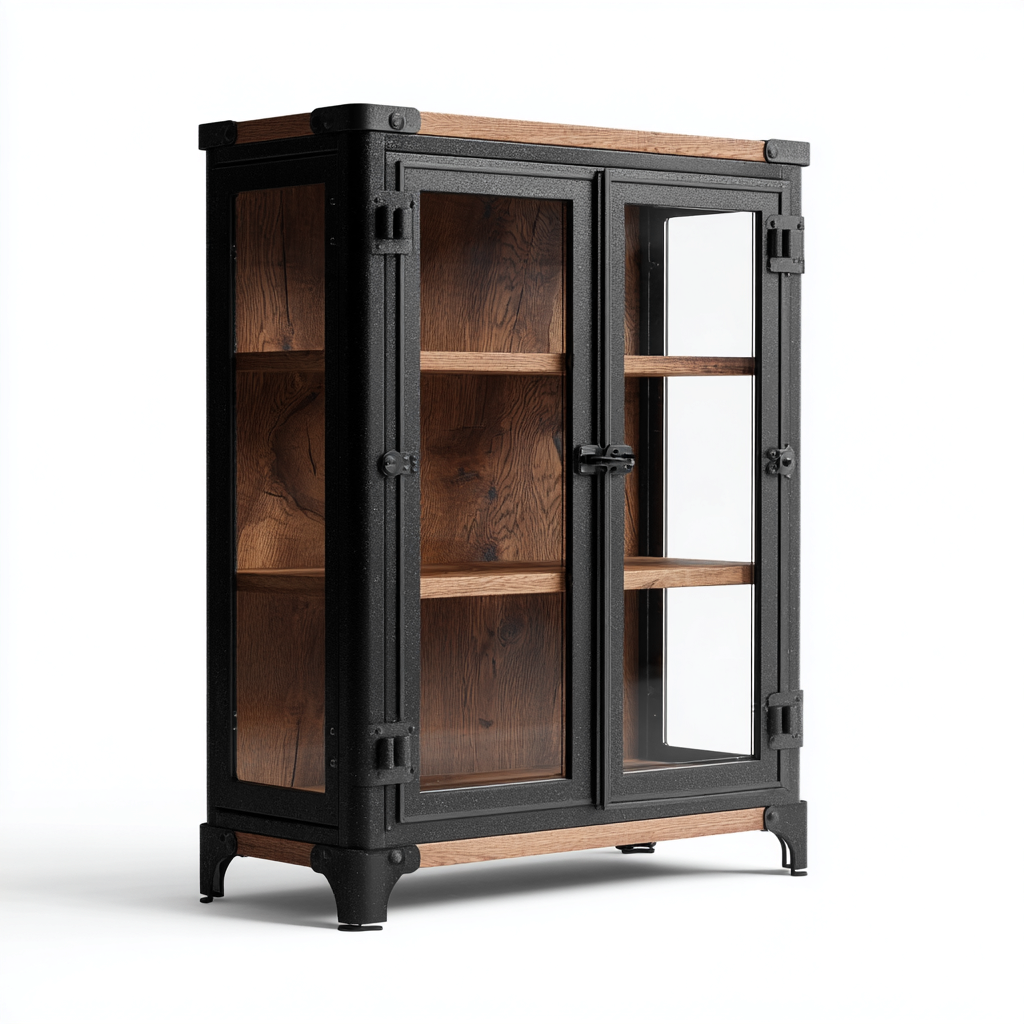 Vetrina-legno-metallo-vetro-122x40x135 cm-nero-rovere-stile industriale-Javexdadecor