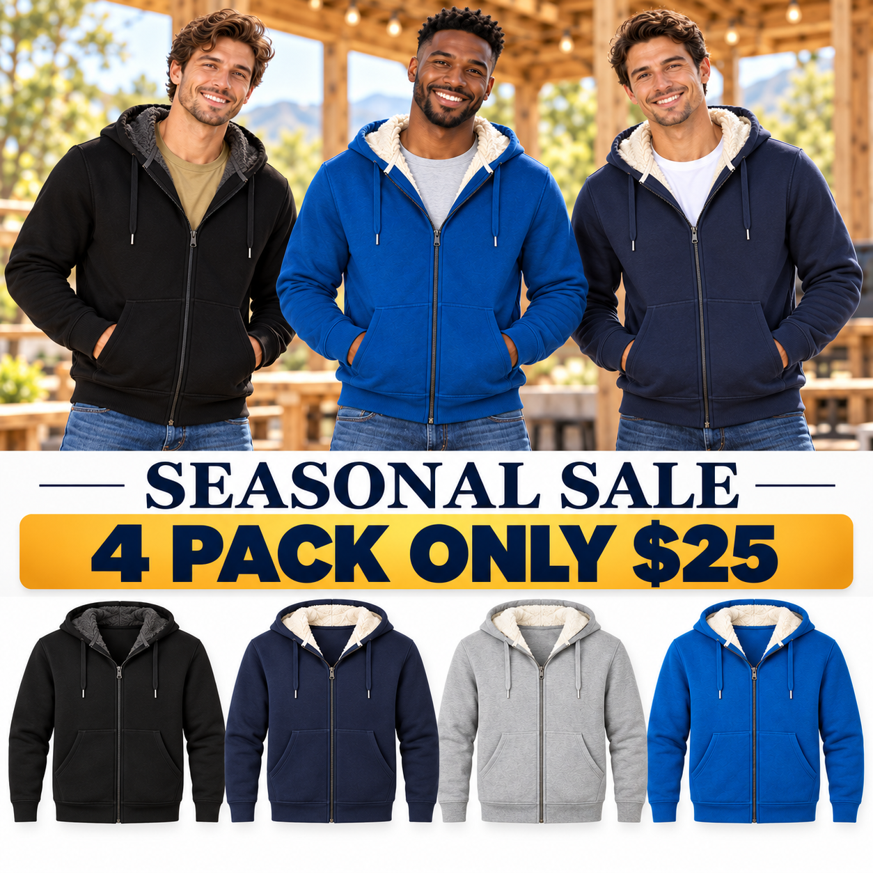 🔥Seasonal Sale – Men’s Sherpa-Lined Full-Zip Fleece Hoodies, 8-Pack Only $32