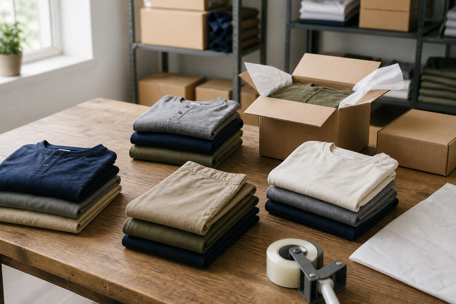 Folded everyday clothing and plain cartons arranged on a simple packing table
