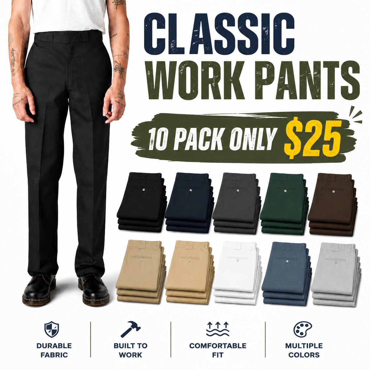 🔥 20 PACK ONLY $35 | Men's Classic Work Pants – Durable Utility Pants for Work & Everyday Wear