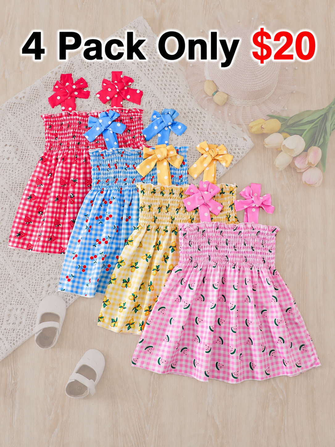 Girls' Summer Set, Plaid and Fruit Print, Bow Shoulder Straps, Cute and Sweet Dress, Versatile Clothing for Kids, Summer Outfits Set, Fashion Set