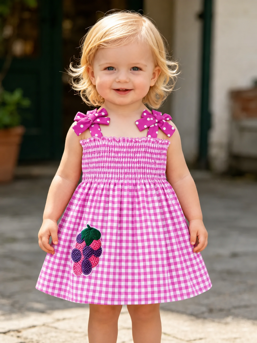 Girls' Summer Set, Plaid and Fruit Print, Bow Shoulder Straps, Cute and Sweet Dress, Versatile Clothing for Kids, Summer Outfits Set, Fashion Set