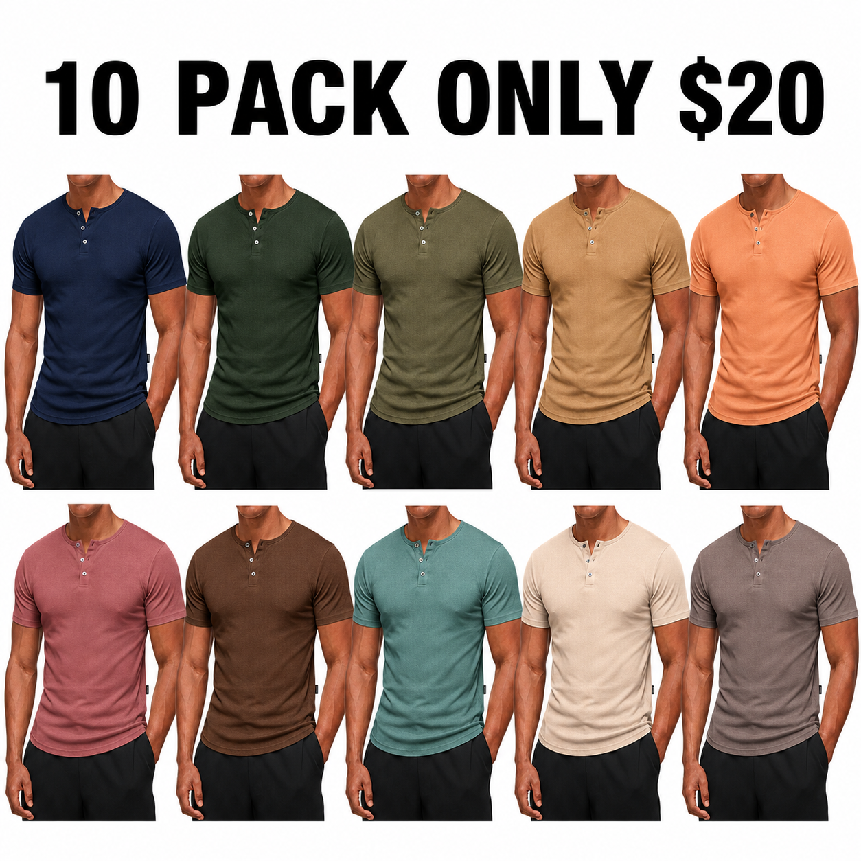 🔥 20 Pack Only $30 Men’s Casual Henley T Shirts, Slim Fit Athletic Tops