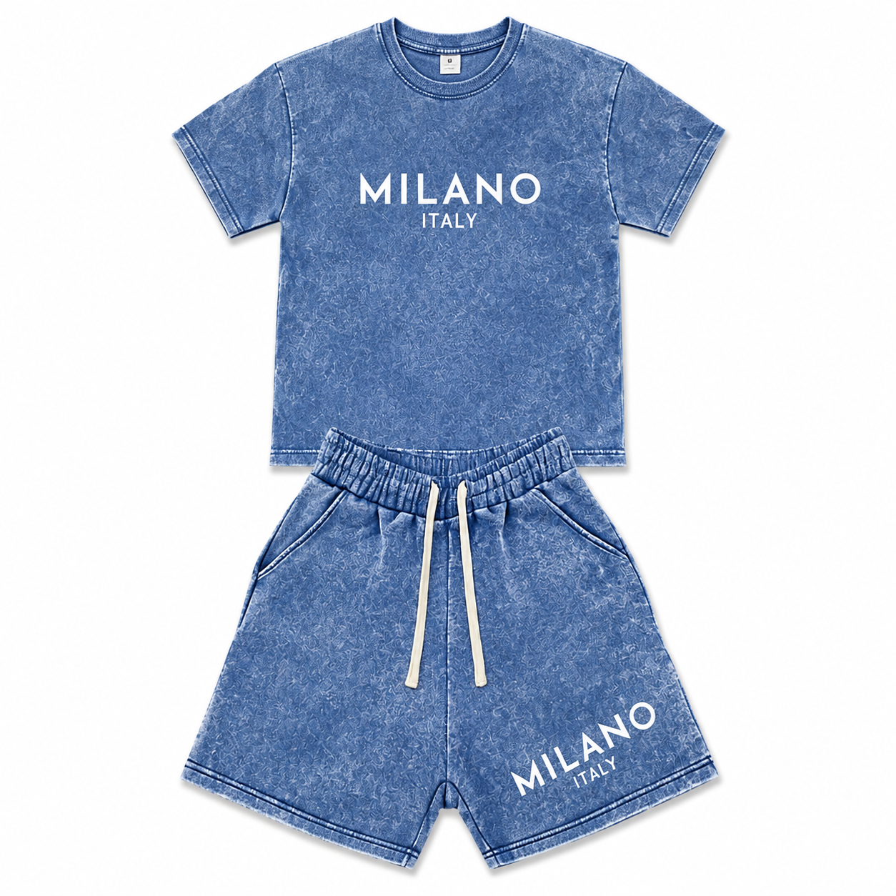 Men’s fashion retro washed distressed cotton short-sleeve T-shirt and shorts set — American street Y2K trend with snowflake, Milan letter print, and a unique design. Comfortable, breathable, lightweight fabric for surfing and basketball; suitable for all