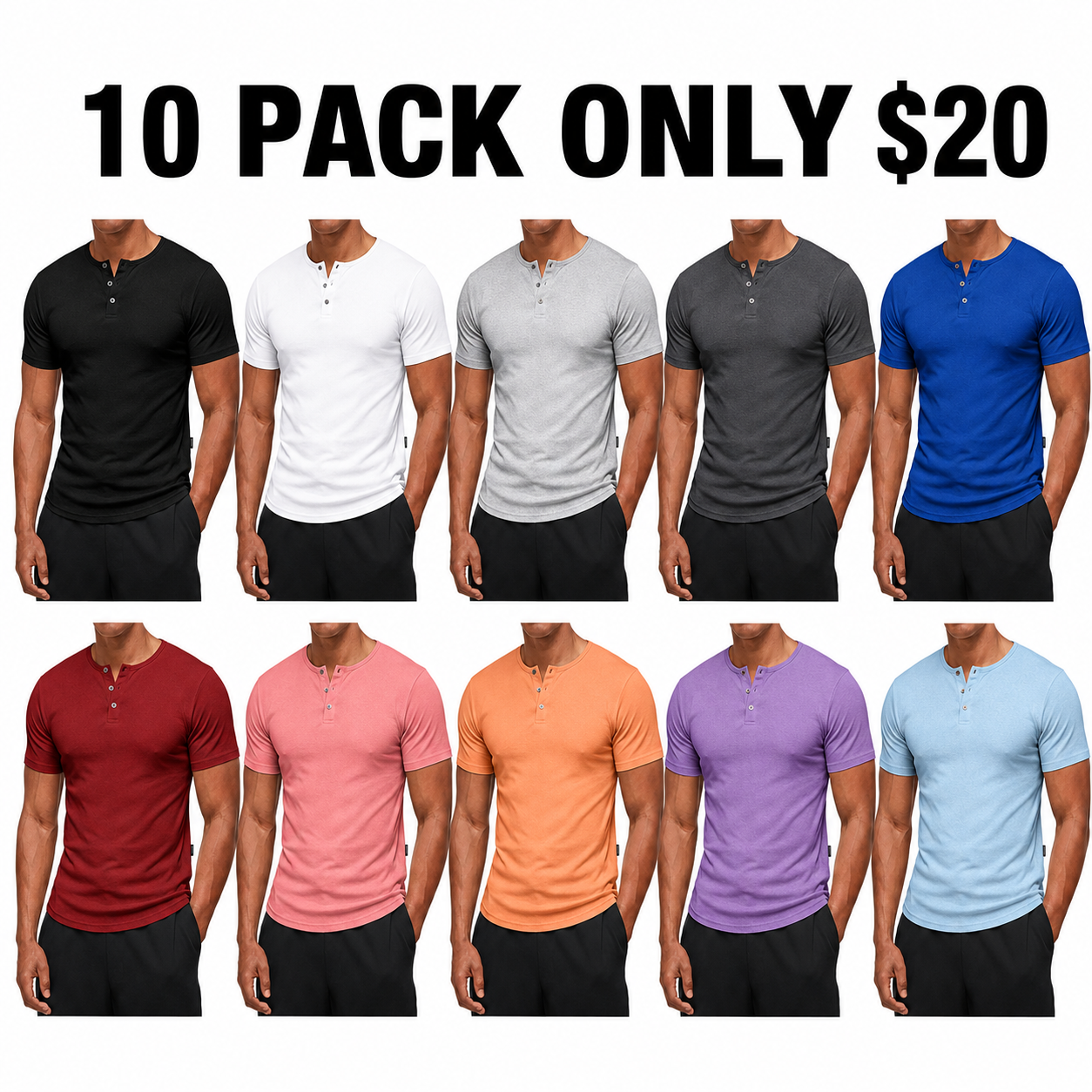 🔥 20 Pack Only $30 Men’s Casual Henley T Shirts, Slim Fit Athletic Tops