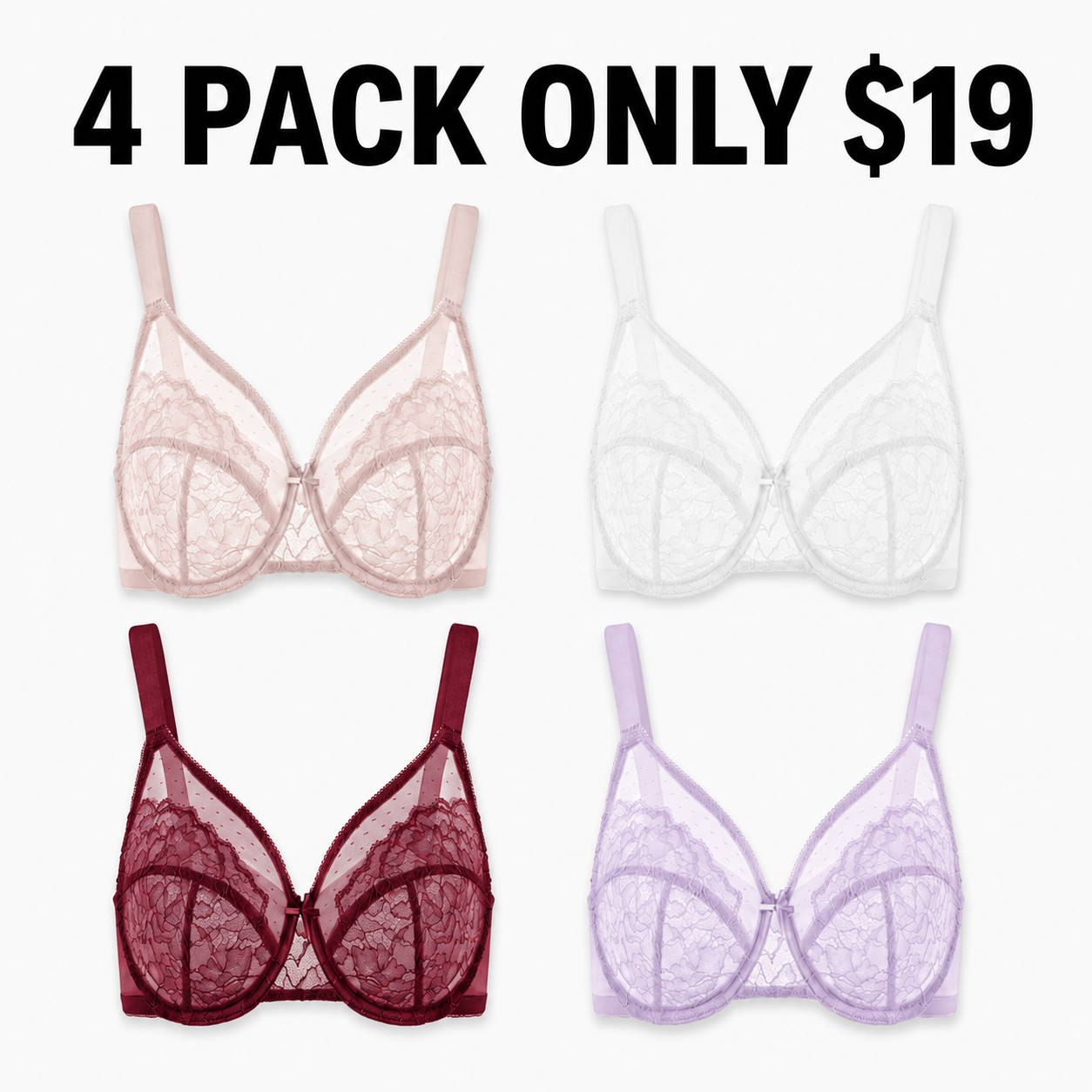 🔥 8 Pack ONLY $24 | Women’s Plus Size Floral Lace Minimizer Bras