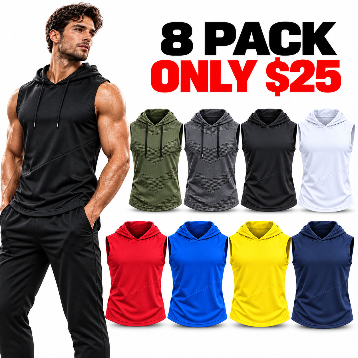 8-Pack Men’s Dry-Fit Mesh Sleeveless Hooded Athletic Shirts – Limited-Time Offer, Only $25