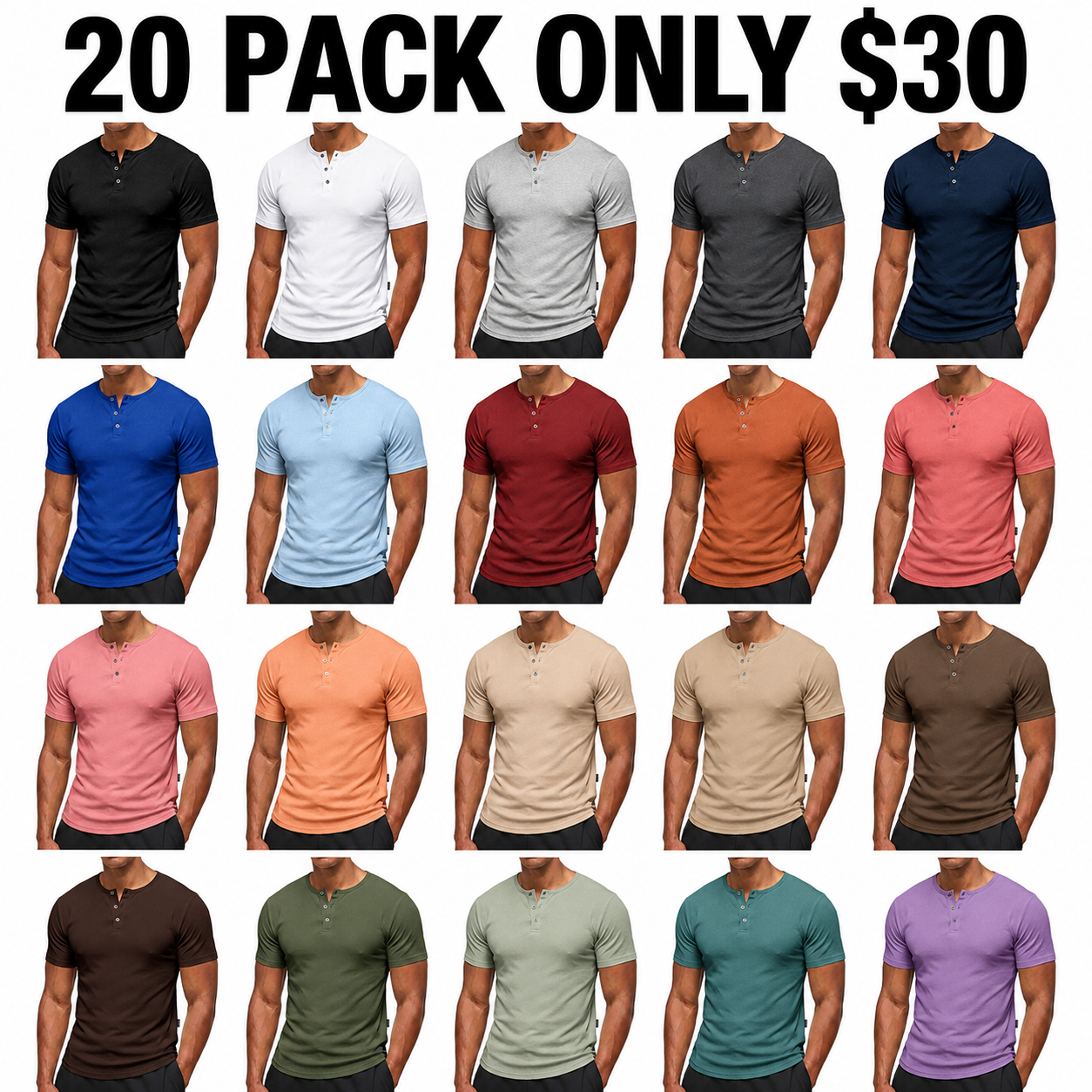 🔥 20 Pack Only $30 Men’s Casual Henley T Shirts, Slim Fit Athletic Tops