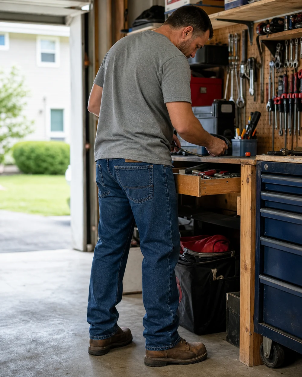 Man wearing straight-leg flex jeans while organizing a home garage