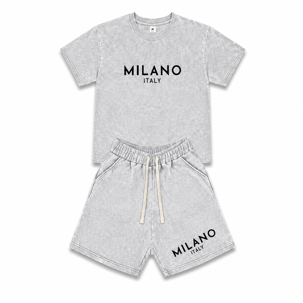 Men’s fashion retro washed distressed cotton short-sleeve T-shirt and shorts set — American street Y2K trend with snowflake, Milan letter print, and a unique design. Comfortable, breathable, lightweight fabric for surfing and basketball; suitable for all