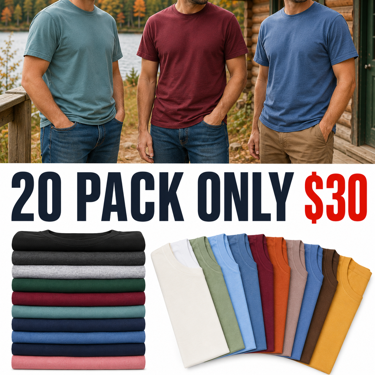 Men's Carefree Unshrinkable Traditional Fit Short Sleeve Tee, 20 Pack Only $30