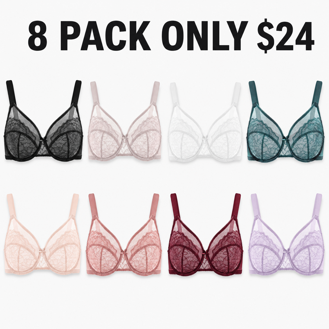 🔥 8 Pack ONLY $24 | Women’s Plus Size Floral Lace Minimizer Bras