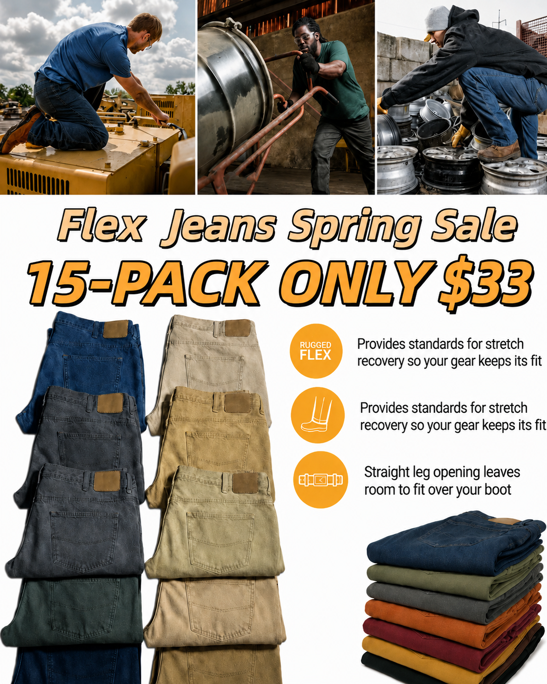 Men’s Flex Jeans with 7 Pockets, Comfortable Utility Denim Pants