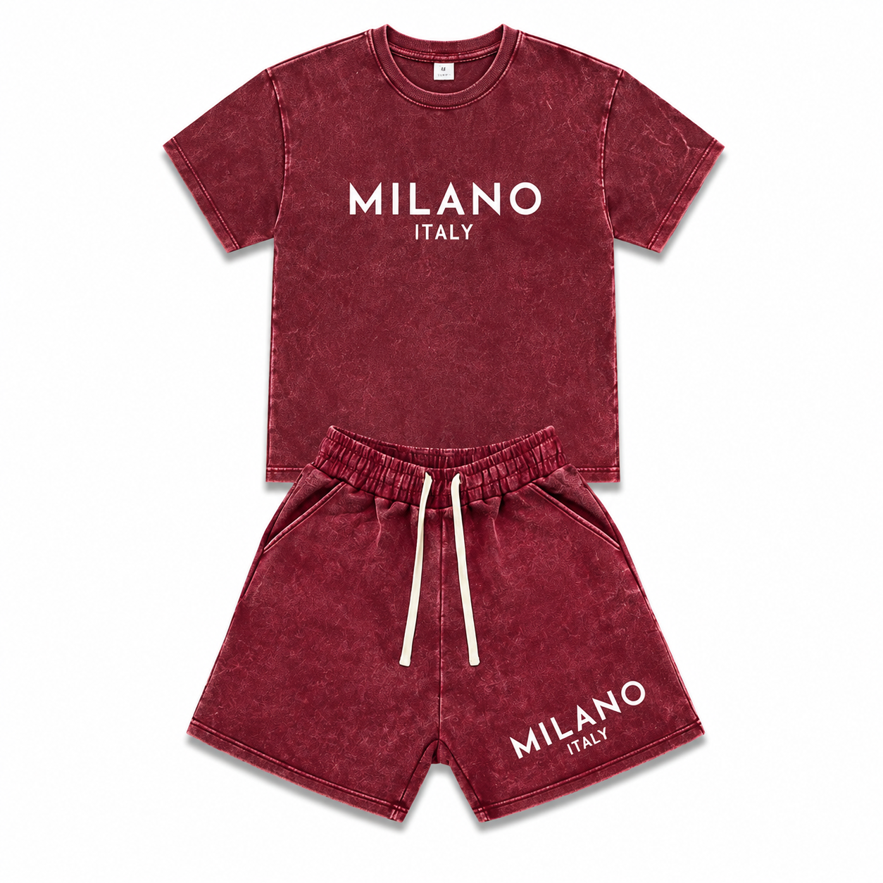 Men’s fashion retro washed distressed cotton short-sleeve T-shirt and shorts set — American street Y2K trend with snowflake, Milan letter print, and a unique design. Comfortable, breathable, lightweight fabric for surfing and basketball; suitable for all