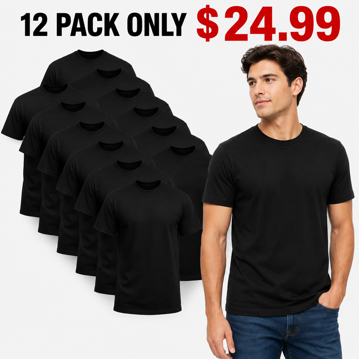 🔥 12-Pack ONLY $24.99 | Men's Black Crew Neck Basic T-Shirts 👕