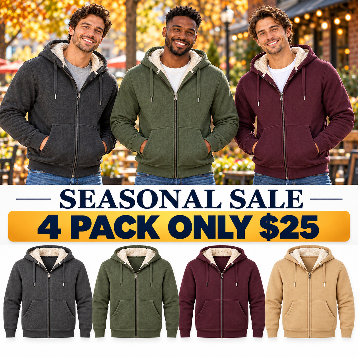 🔥Seasonal Sale – Men’s Sherpa-Lined Full-Zip Fleece Hoodies, 8-Pack Only $32