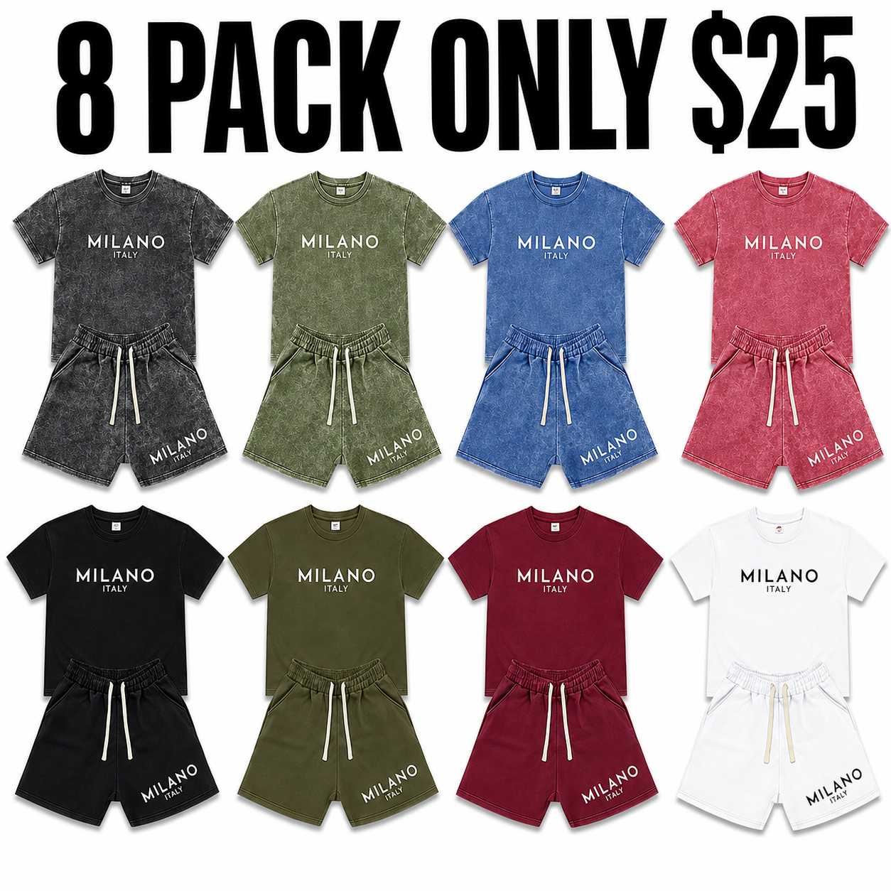 Men’s fashion retro washed distressed cotton short-sleeve T-shirt and shorts set — American street Y2K trend with snowflake, Milan letter print, and a unique design. Comfortable, breathable, lightweight fabric for surfing and basketball; suitable for all