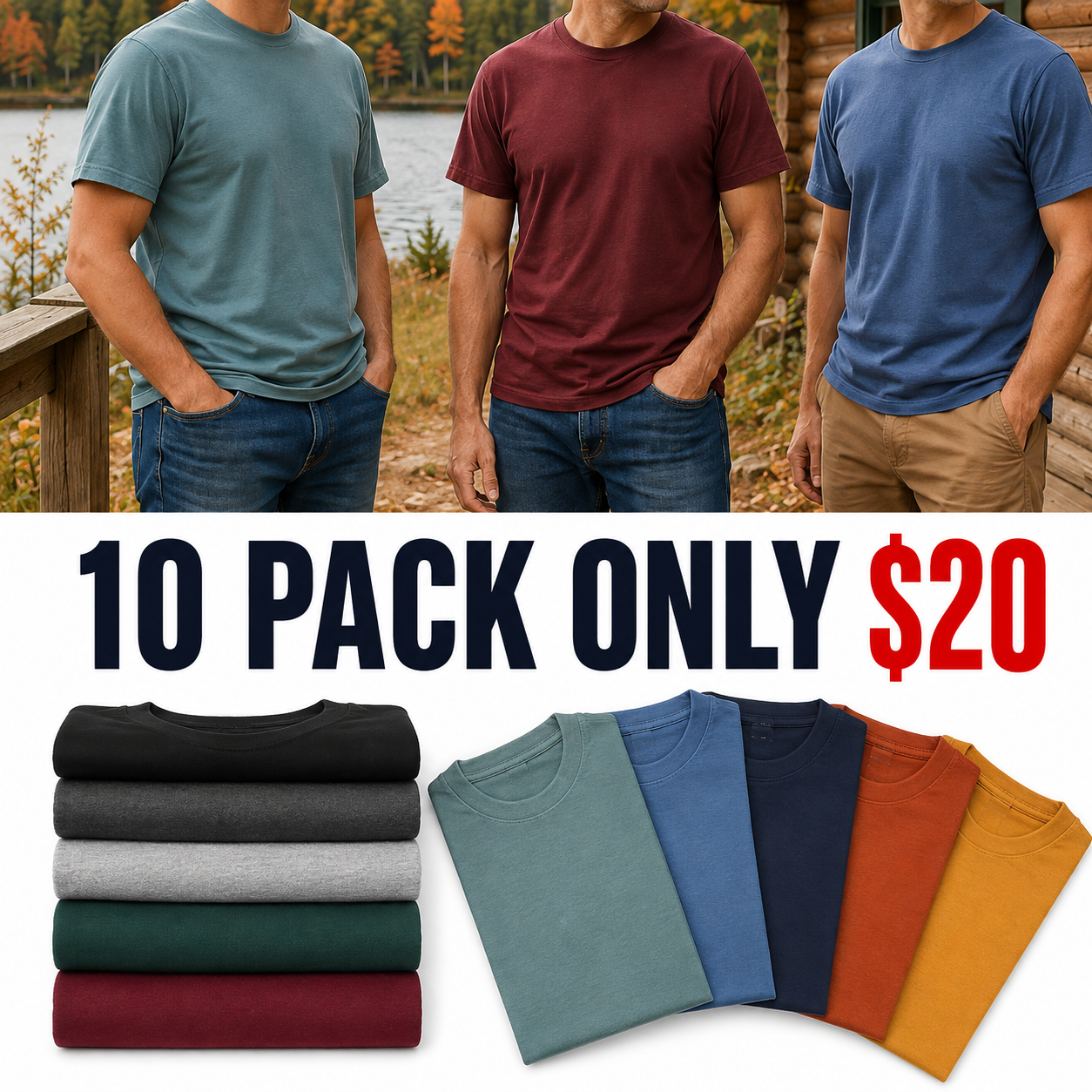Men's Carefree Unshrinkable Traditional Fit Short Sleeve Tee, 20 Pack Only $30