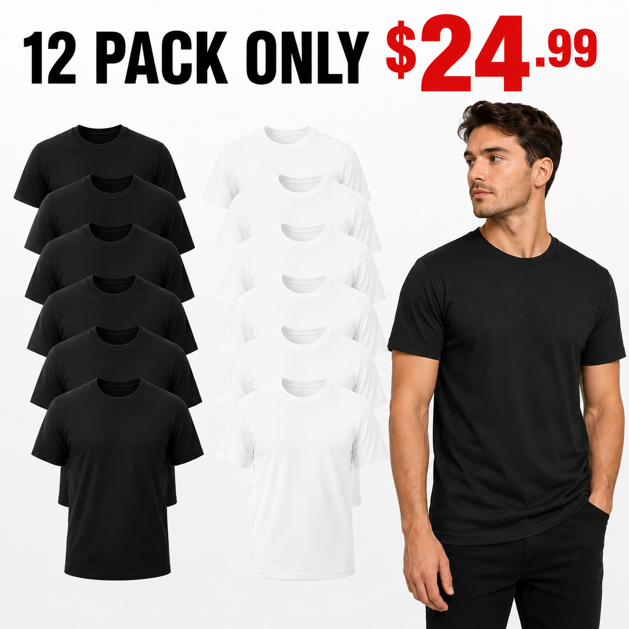 🔥 12-Pack ONLY $24.99 | Men's Black Crew Neck Basic T-Shirts 👕